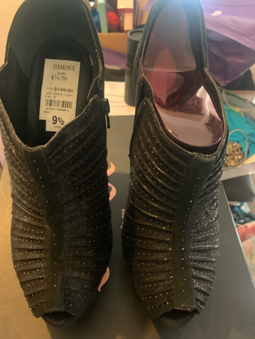 Nina Black Glitter Peep-Toe Ankle Booties